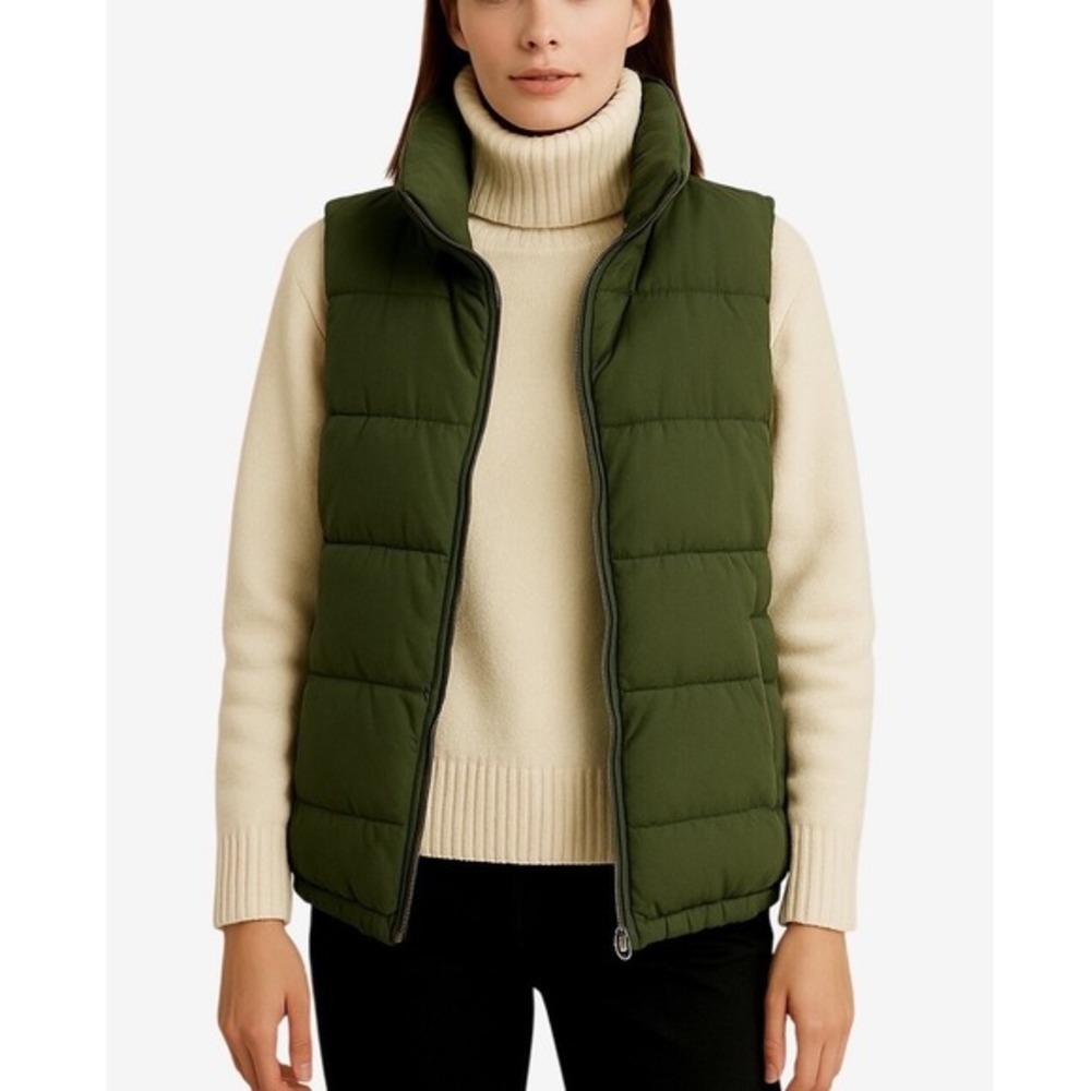 Old Navy Puffer Vest Olive Green Quilted Fleece Lined Full Zip M Fairycore 64-06